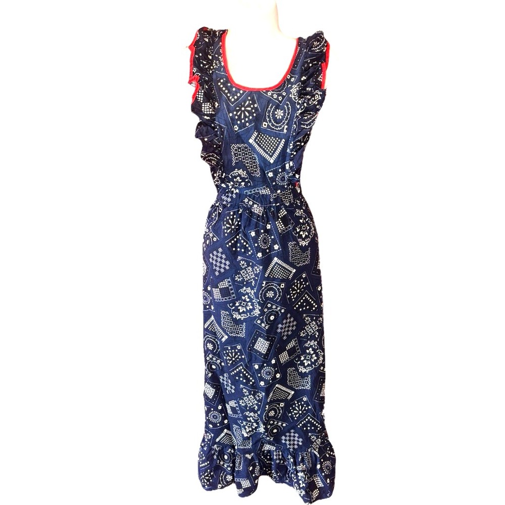 Vtg Blue Bandana Paisley Print Full Bib Apron Cotton Ranch Chuckwagon Western